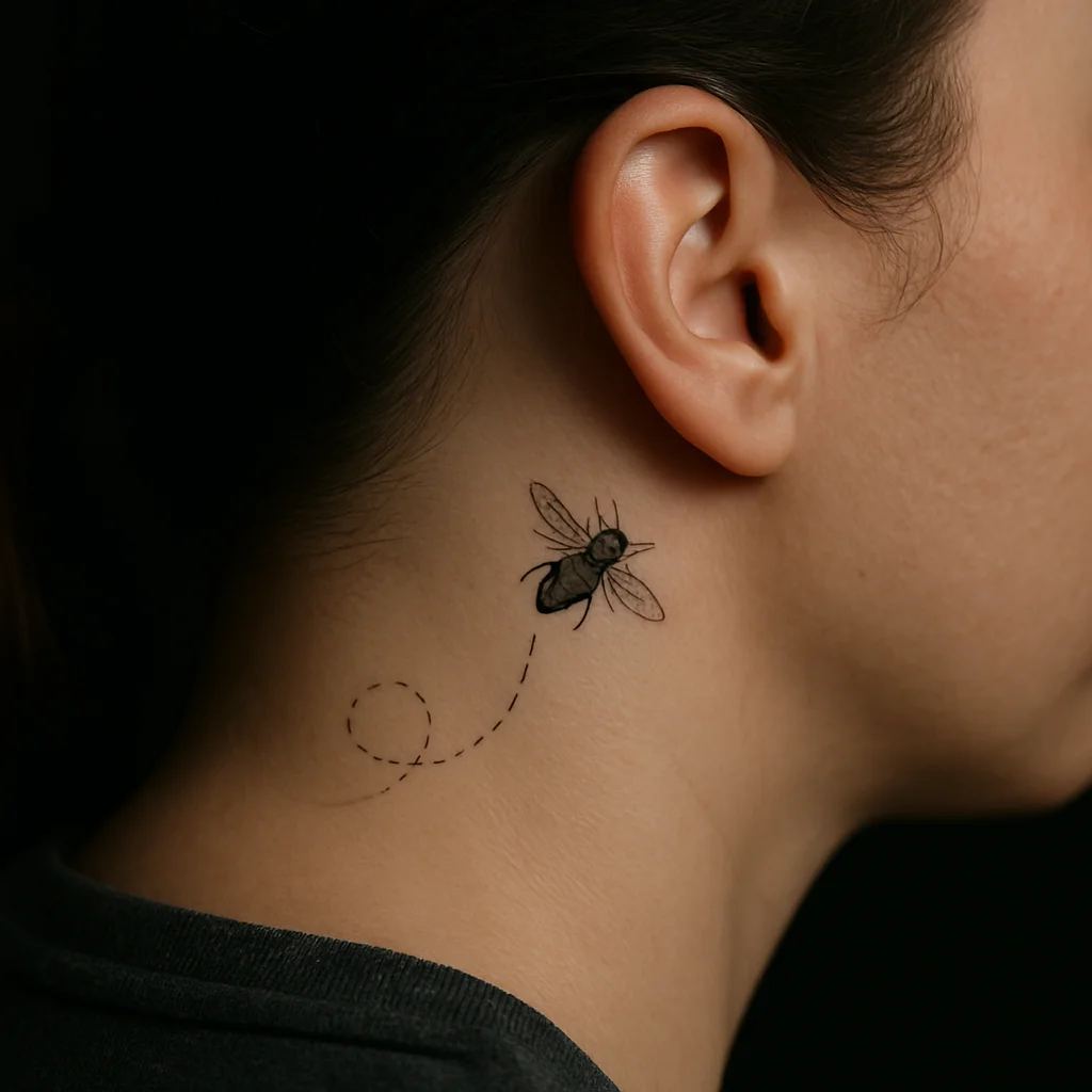Tiny fine-line bee tattoo with dashed flight path high on the side of the neck