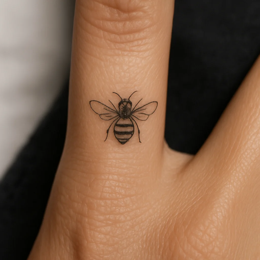 Tiny fine-line bee tattooed on the top segment of a ring finger
