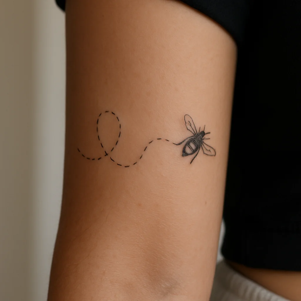 Tiny fine-line bee with a dashed flight path tattooed on the lower inner forearm