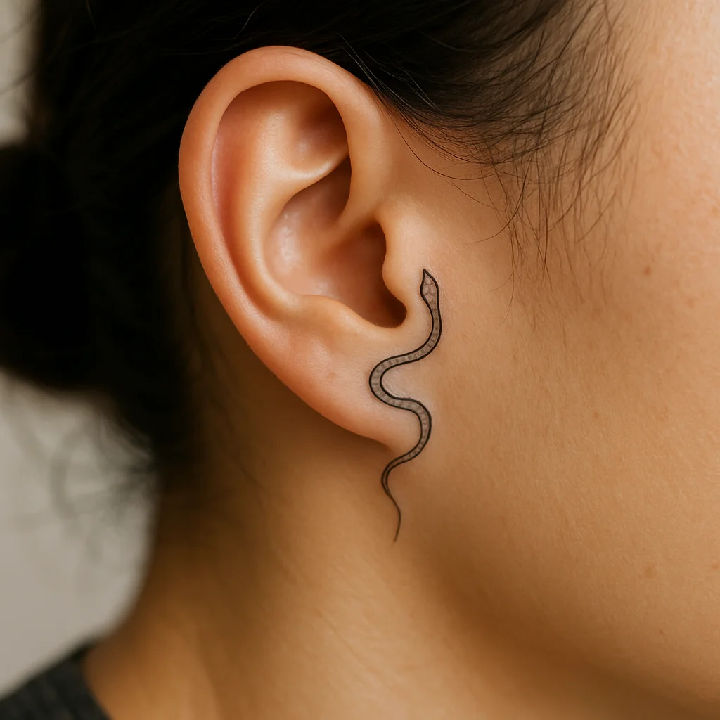 Tiny fine-line coiled snake tattoo curving behind the ear