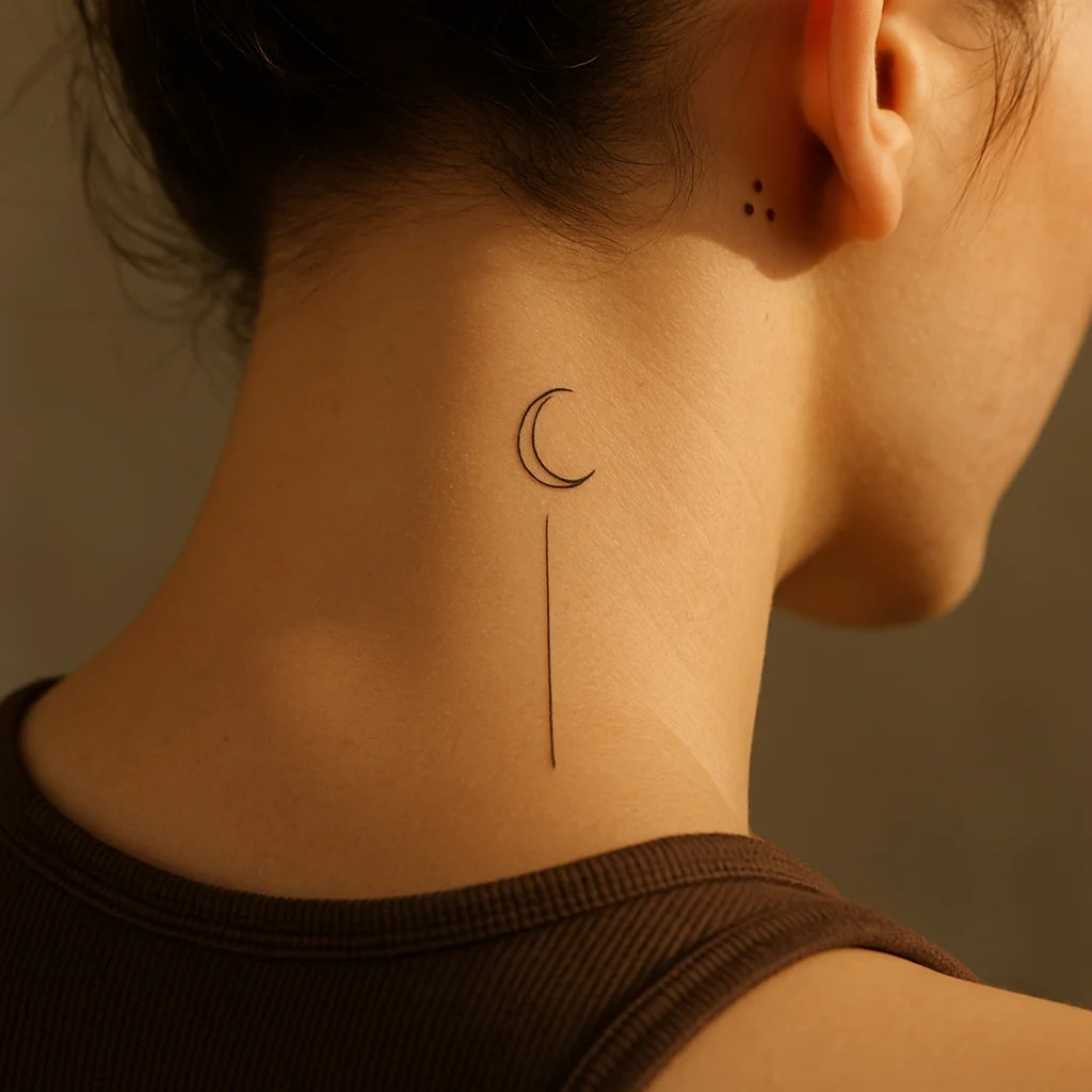 Tiny fine-line neck tattoos placed at the nape, side tendon and behind the ear on a woman