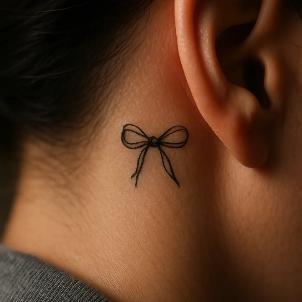Tiny fine-line ribbon bow tattoo tucked behind the ear