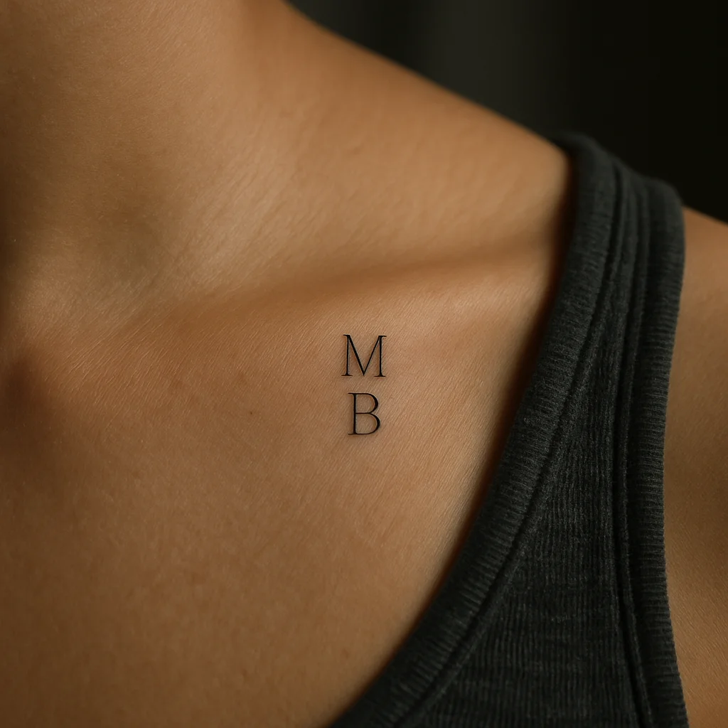 Tiny fine-line script initials tattooed above the collarbone