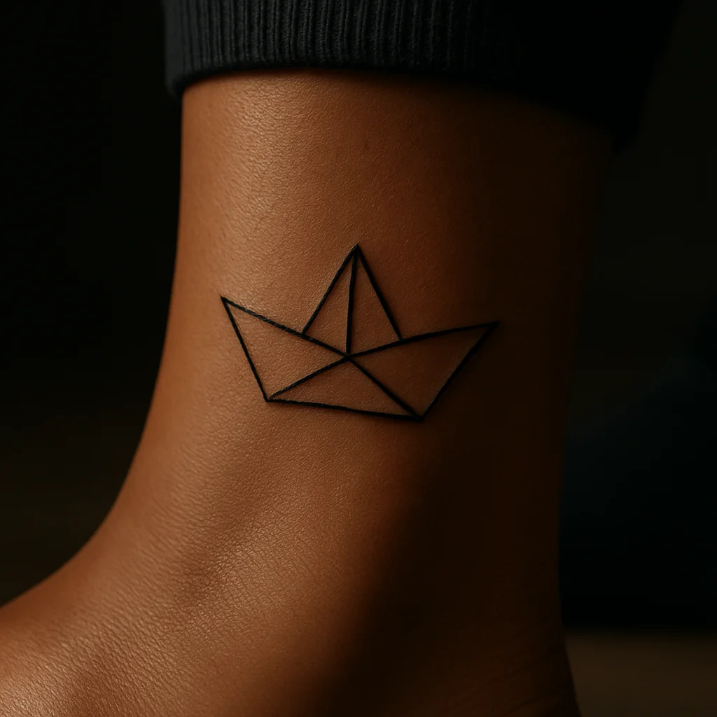 Tiny folded paper boat in clean lines tattooed on the outer ankle