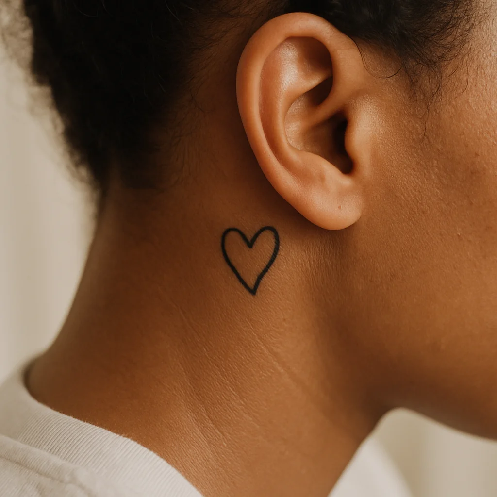 Tiny hand-drawn heart outline tattoo placed high behind the ear