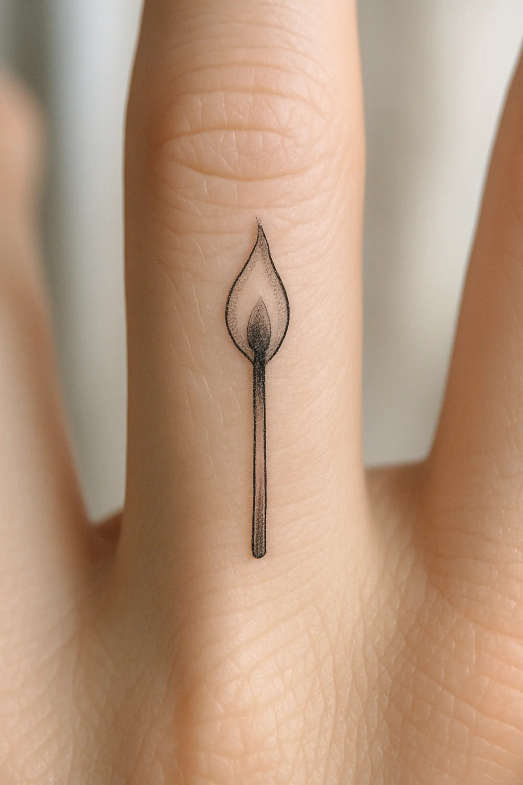 Tiny matchstick with one flame tattooed in fine-line style on the side of a finger