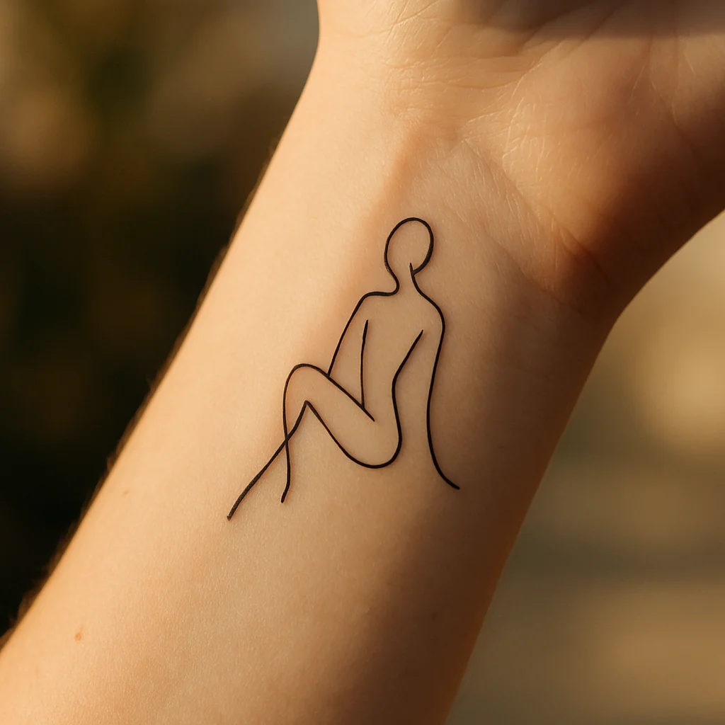 Tiny minimalist single-line first tattoo on inner wrist, small piece priced at a shop minimum