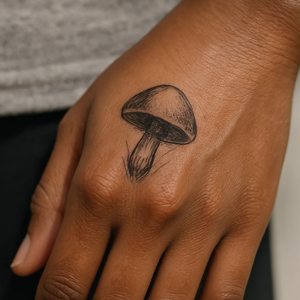 Tiny mushroom tattoo with solid cap on the thumb pad edge of the hand