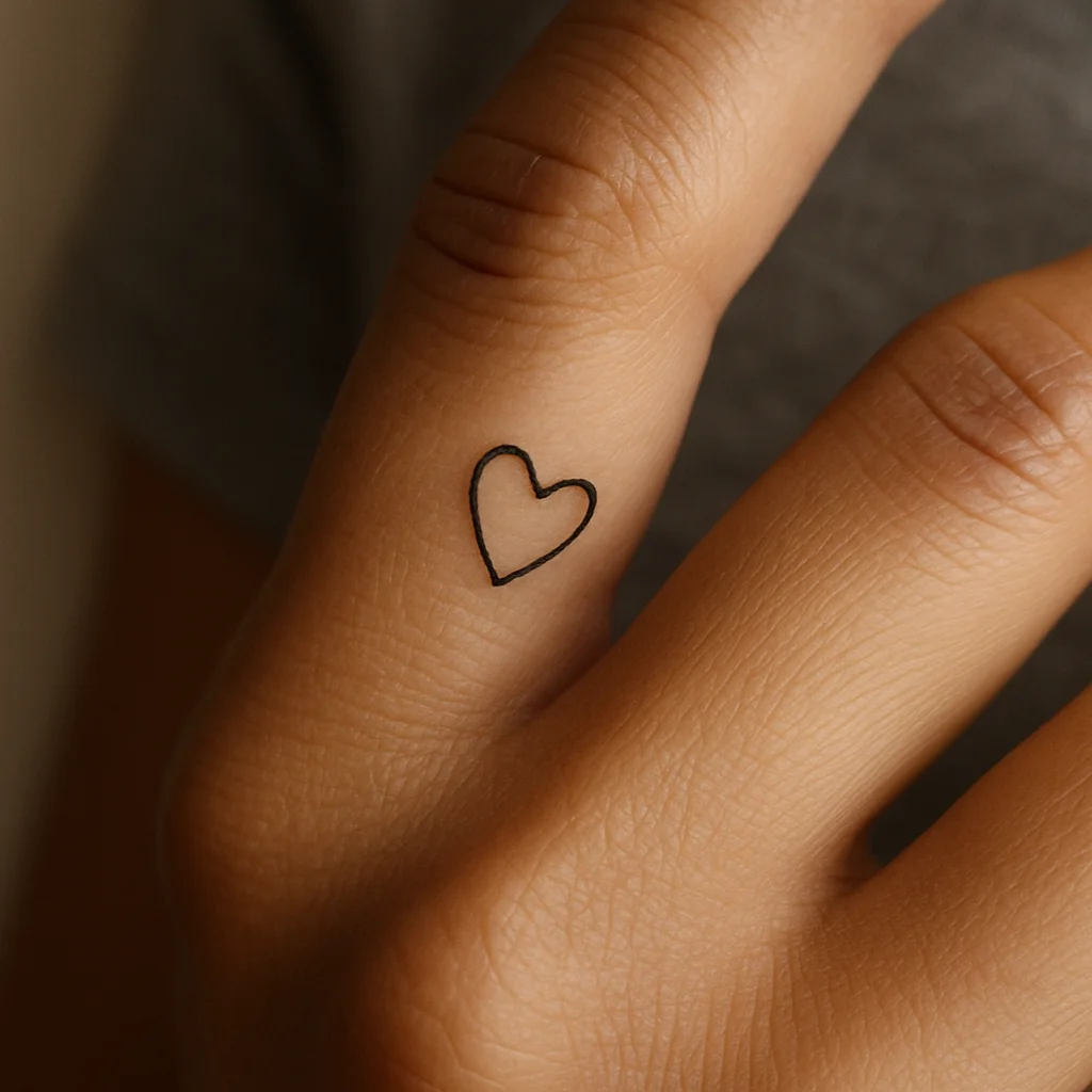 Tiny open heart outline tattooed on the side of the finger