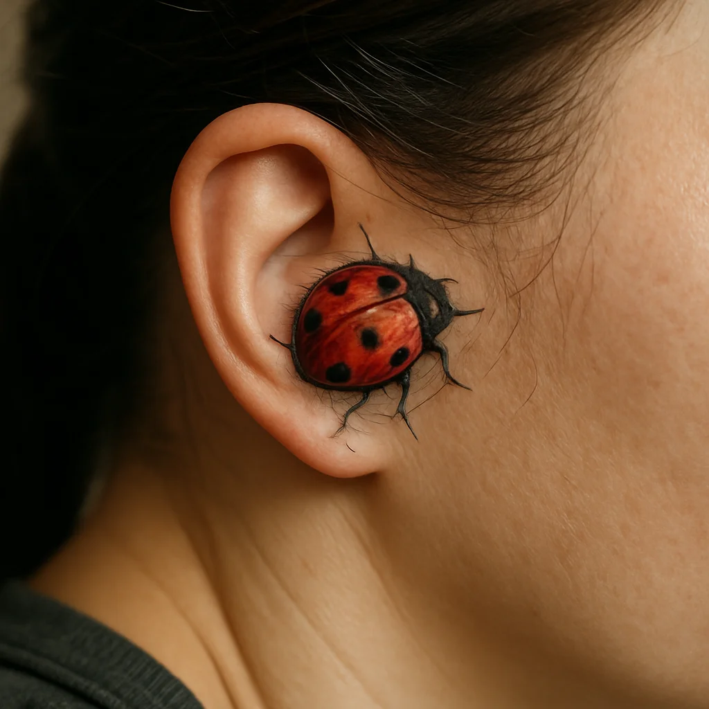 Tiny red and black ladybird tattoo at the hairline behind the ear