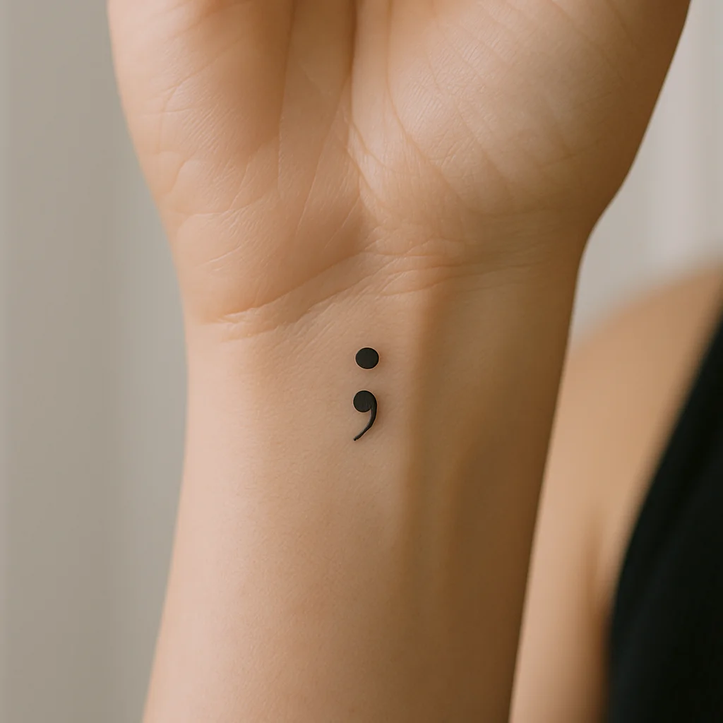 Tiny semicolon tattoo at the base of the thumb on the inner wrist