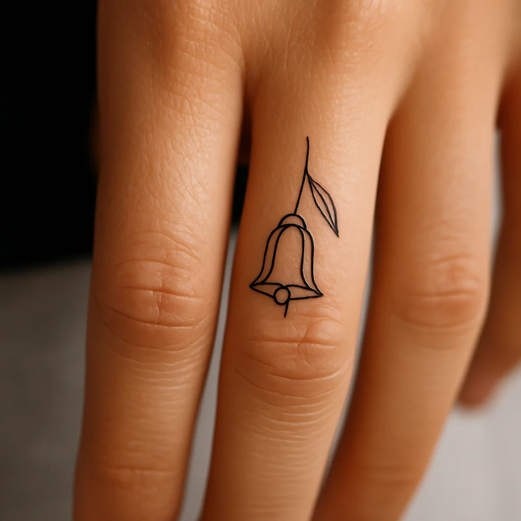 Tiny single lily of the valley bell with one leaf tattooed on the side of a finger