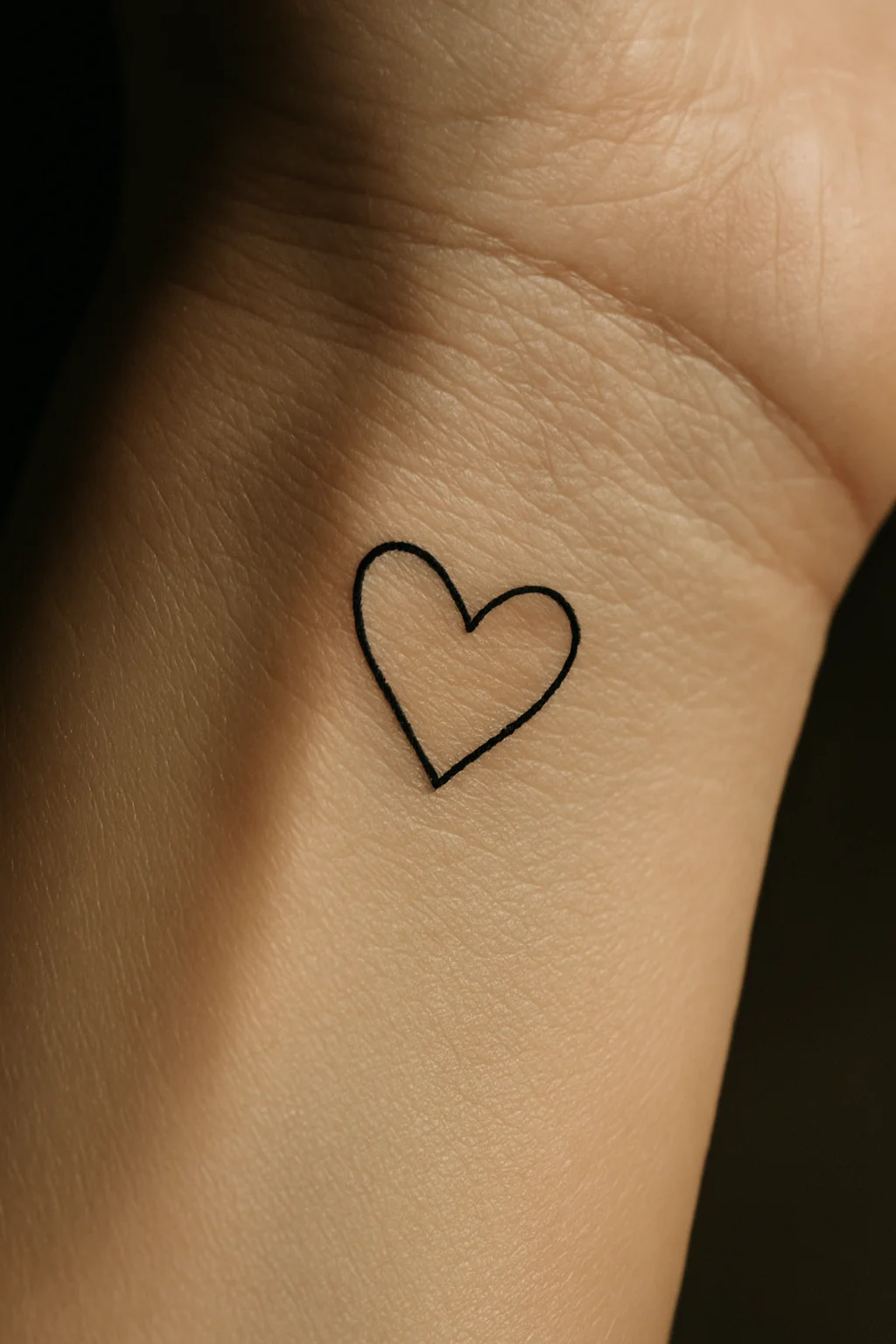 Tiny single-line heart tattoo on the side of the wrist, a coin-sized shop-minimum design