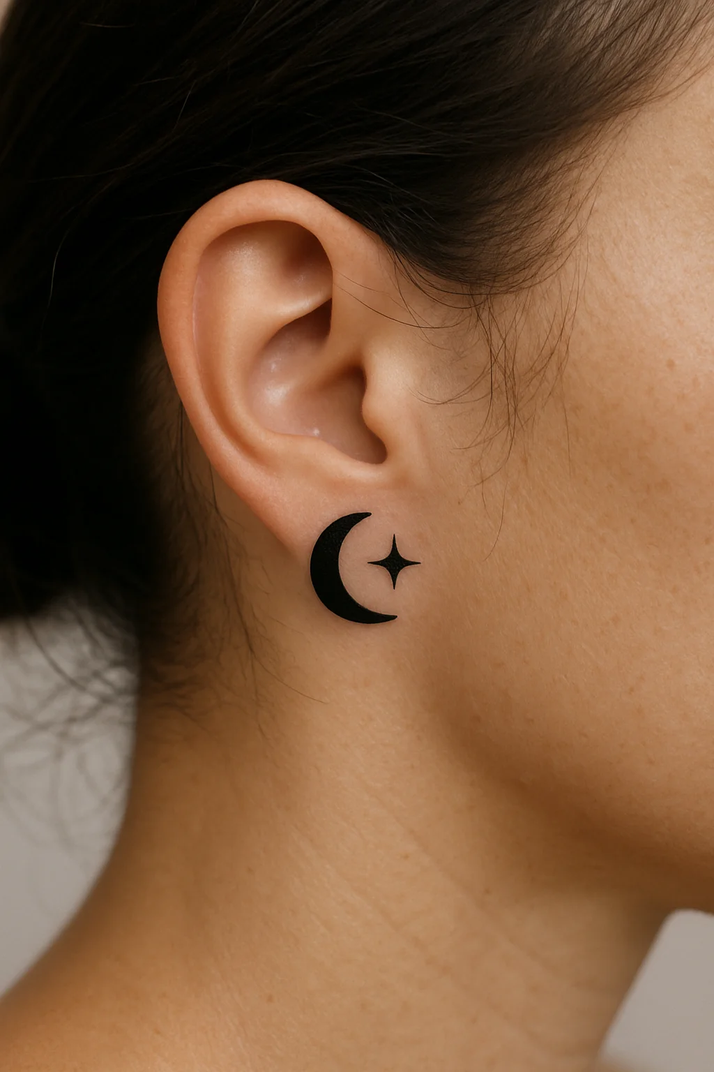 Tiny solid black crescent moon with a four-point star, minimalist style, behind the ear