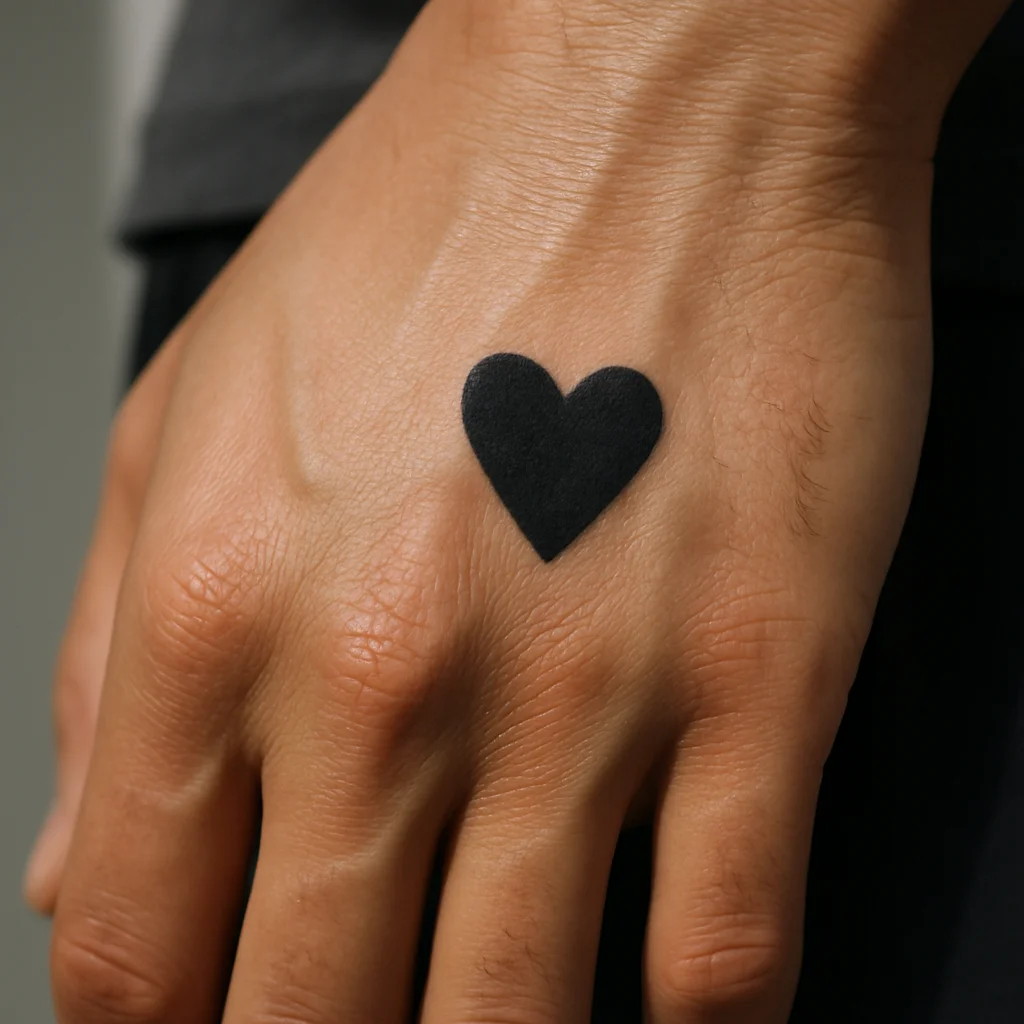 Tiny solid black heart tattoo in the thumb web of a woman's hand