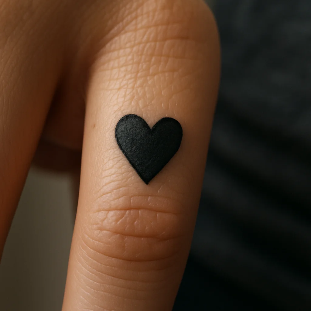 Tiny solid black heart tattoo, traditional style, on the side of a finger