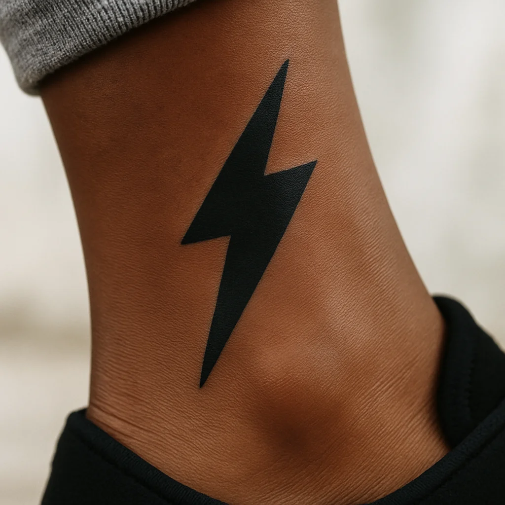 Tiny solid black lightning bolt tattooed on the outer ankle