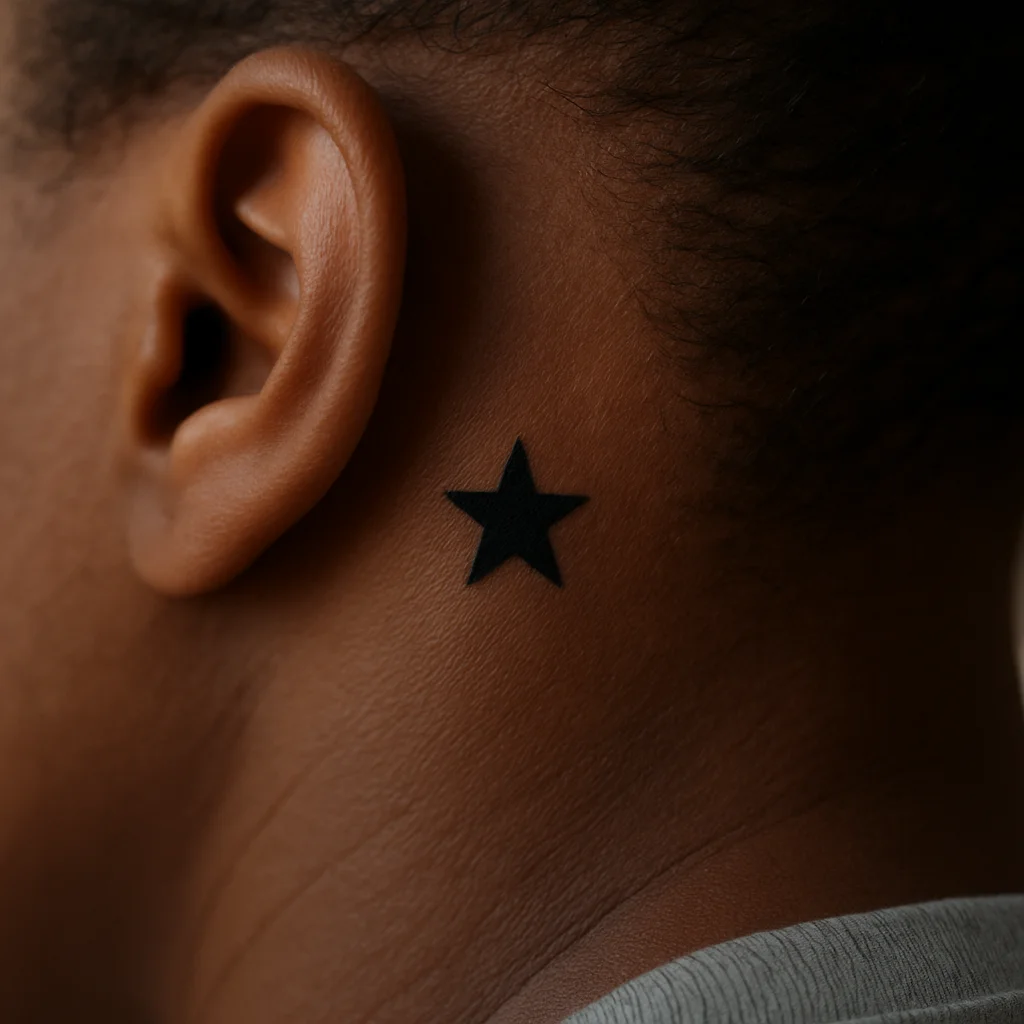Tiny solid five-pointed star tattoo behind the ear as a matching piece