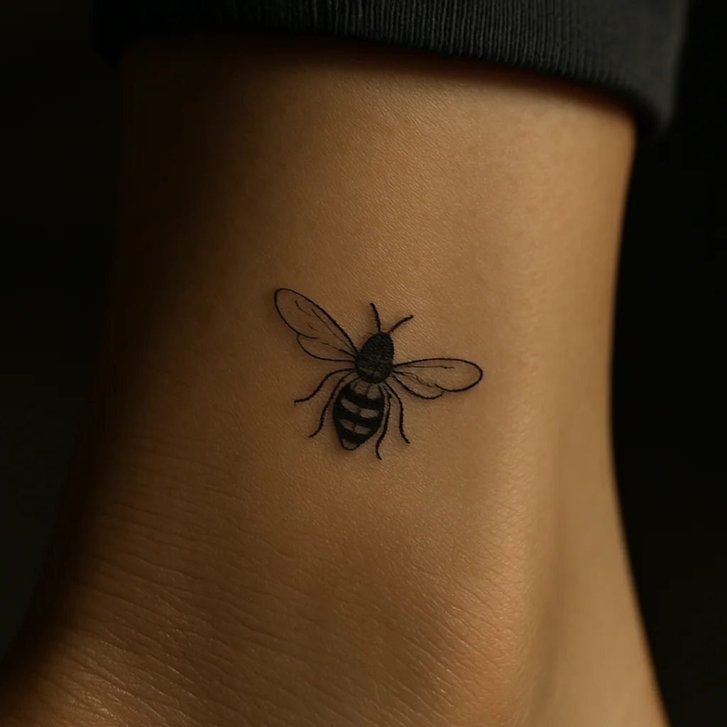 Tiny striped bee tattoo beside the Achilles tendon