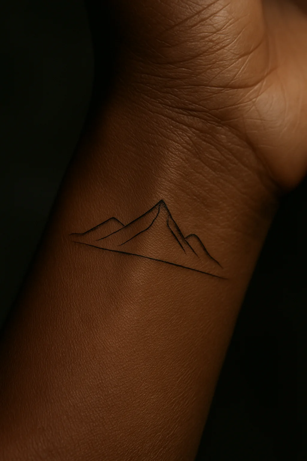 Tiny three-line mountain range tattoo in fine-line style on the side of the wrist