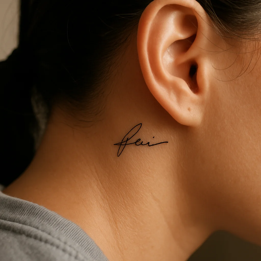 Tiny traced handwritten signature tattooed behind the ear in delicate fine-line script