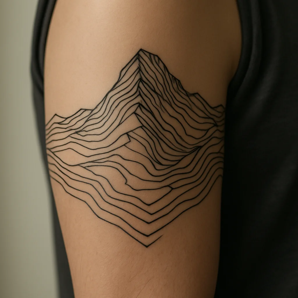 Topographic contour line map wrapping the upper arm in fine geometric linework
