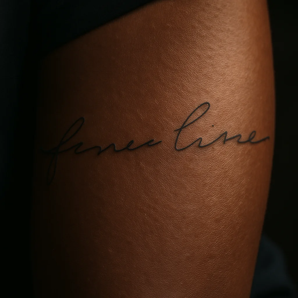 Traced family handwriting tattooed as a single line across a man's inner forearm