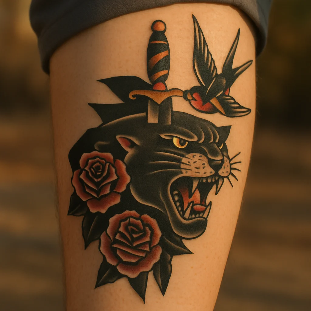Traditional Americana patchwork leg sleeve with panther, dagger and roses from knee to ankle