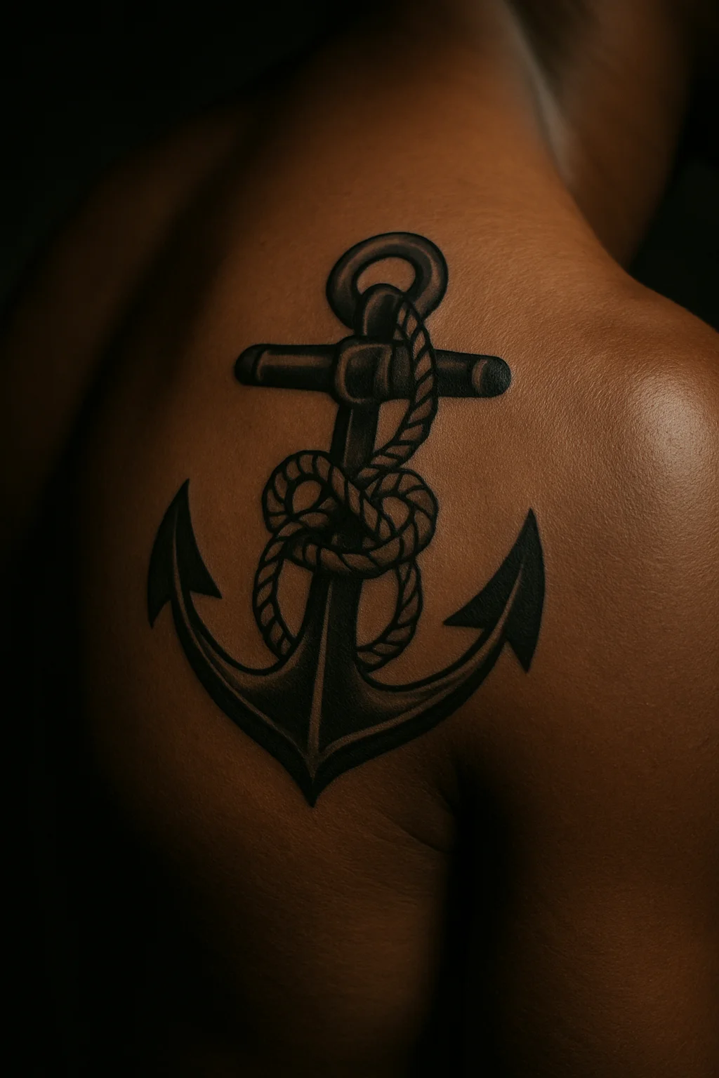 Traditional anchor tattoo with a family knot detail on the shoulder blade