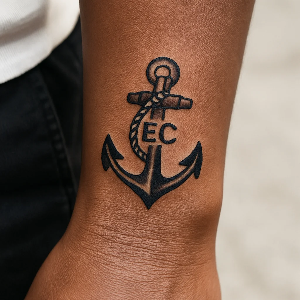 Traditional anchor tattoo with initials in the rope on the inner wrist