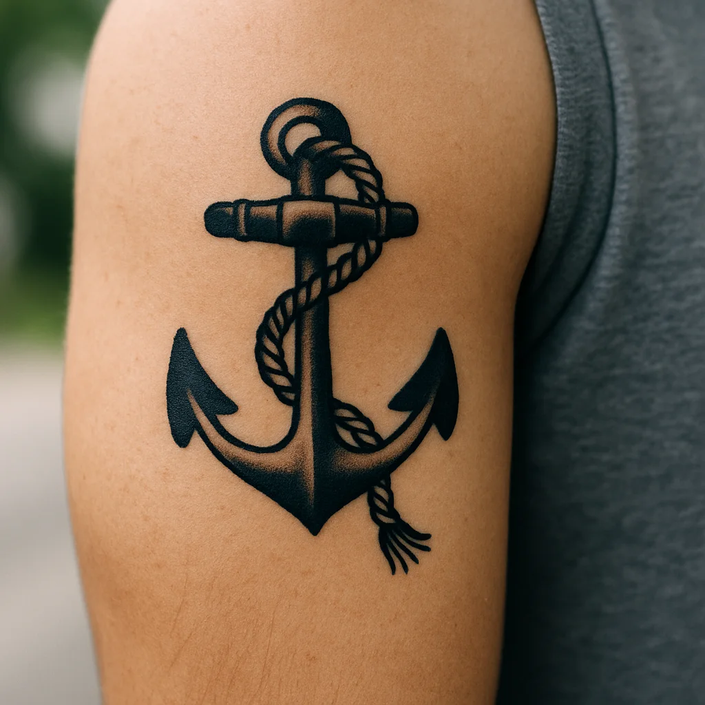 Traditional anchor tattoo with rope wrapped twice around the shank and frayed ends on upper arm