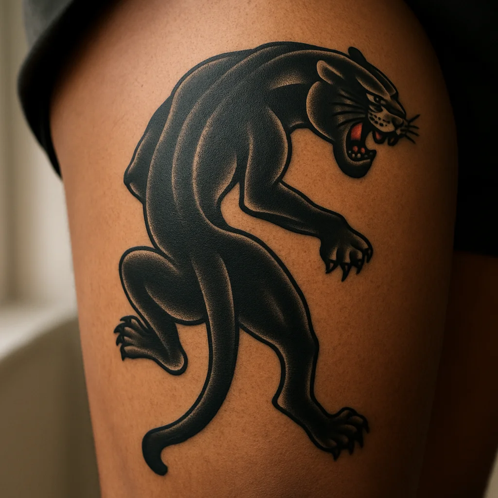 Traditional black and grey panther crawling downward tattoo on the outer thigh