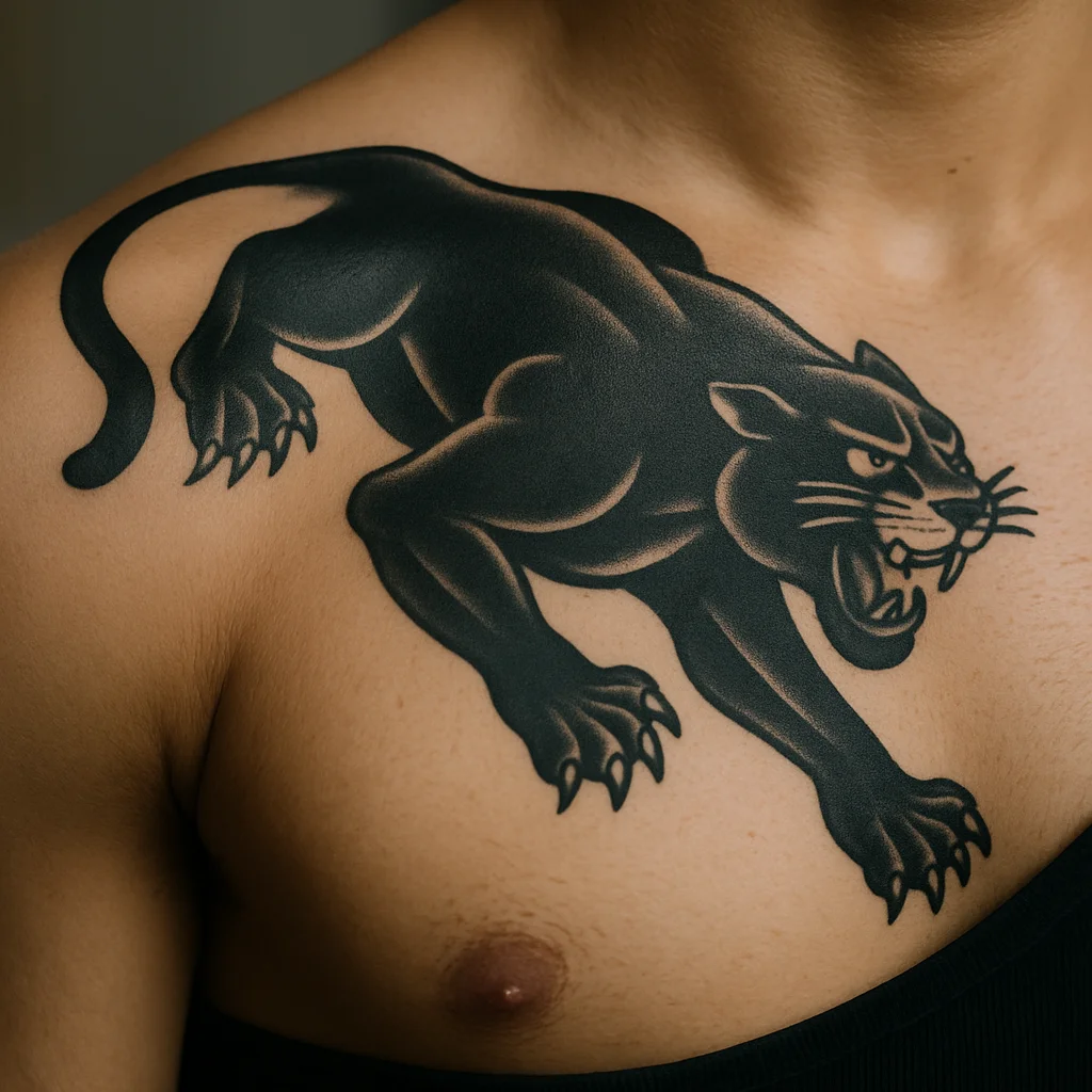 Traditional black panther crawling from the shoulder onto the chest