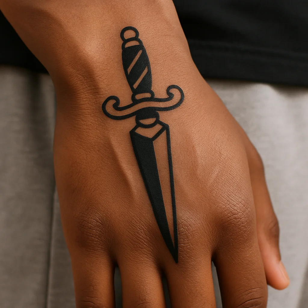 Traditional bold-line dagger tattoo pointing blade down across the back of a man's hand