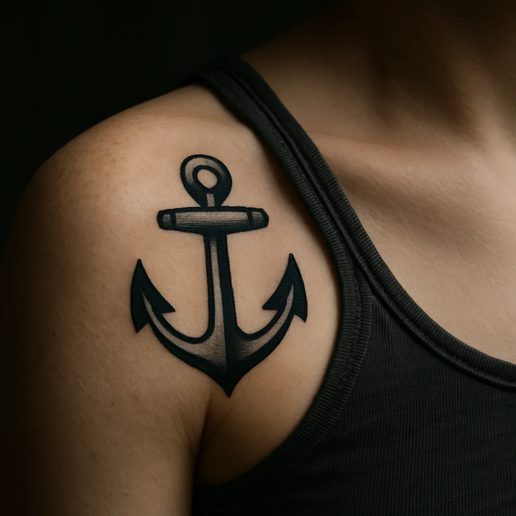 Traditional bold-outline anchor tattooed high on the front of the shoulder