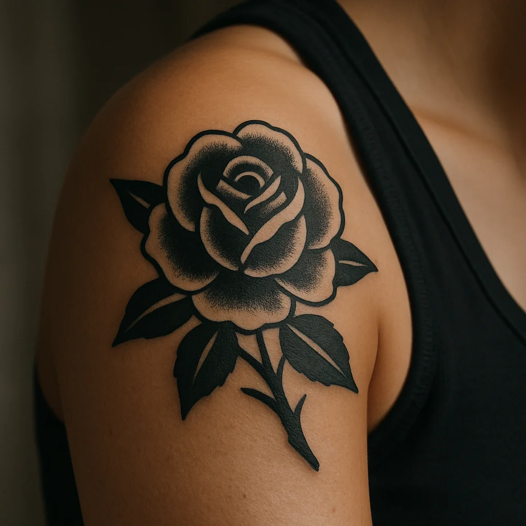 Traditional bold-outline rose on the outer deltoid showing a well-aged shoulder tattoo