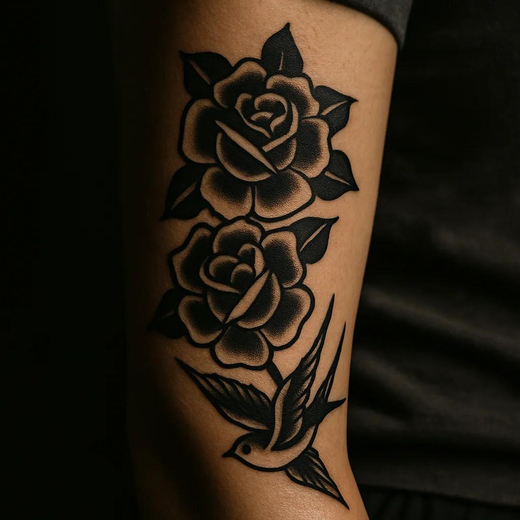 Traditional bold roses with a swallow at the wrist forming a lower half sleeve on the outer forearm
