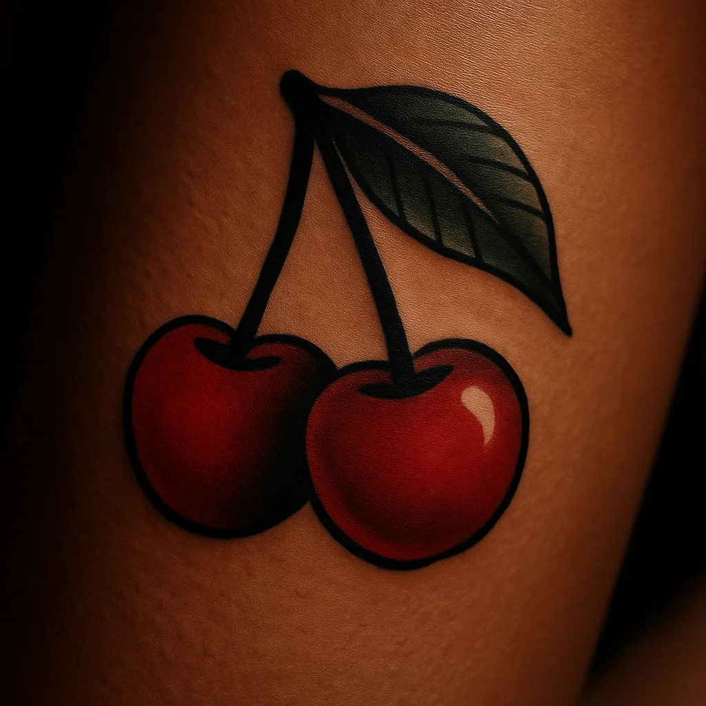 Traditional cherries tattoo with bold leaf and solid red fill on inner thigh