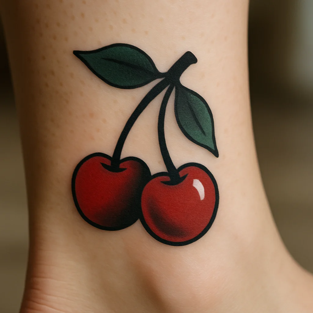 Traditional cherries tattoo with bold outline on the outer ankle