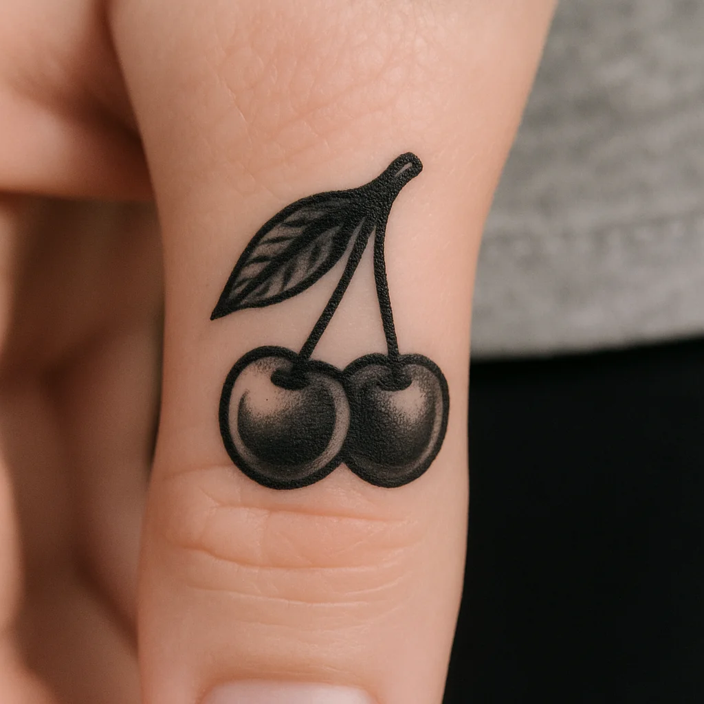 Traditional cherry pair tattooed on the side of a thumb