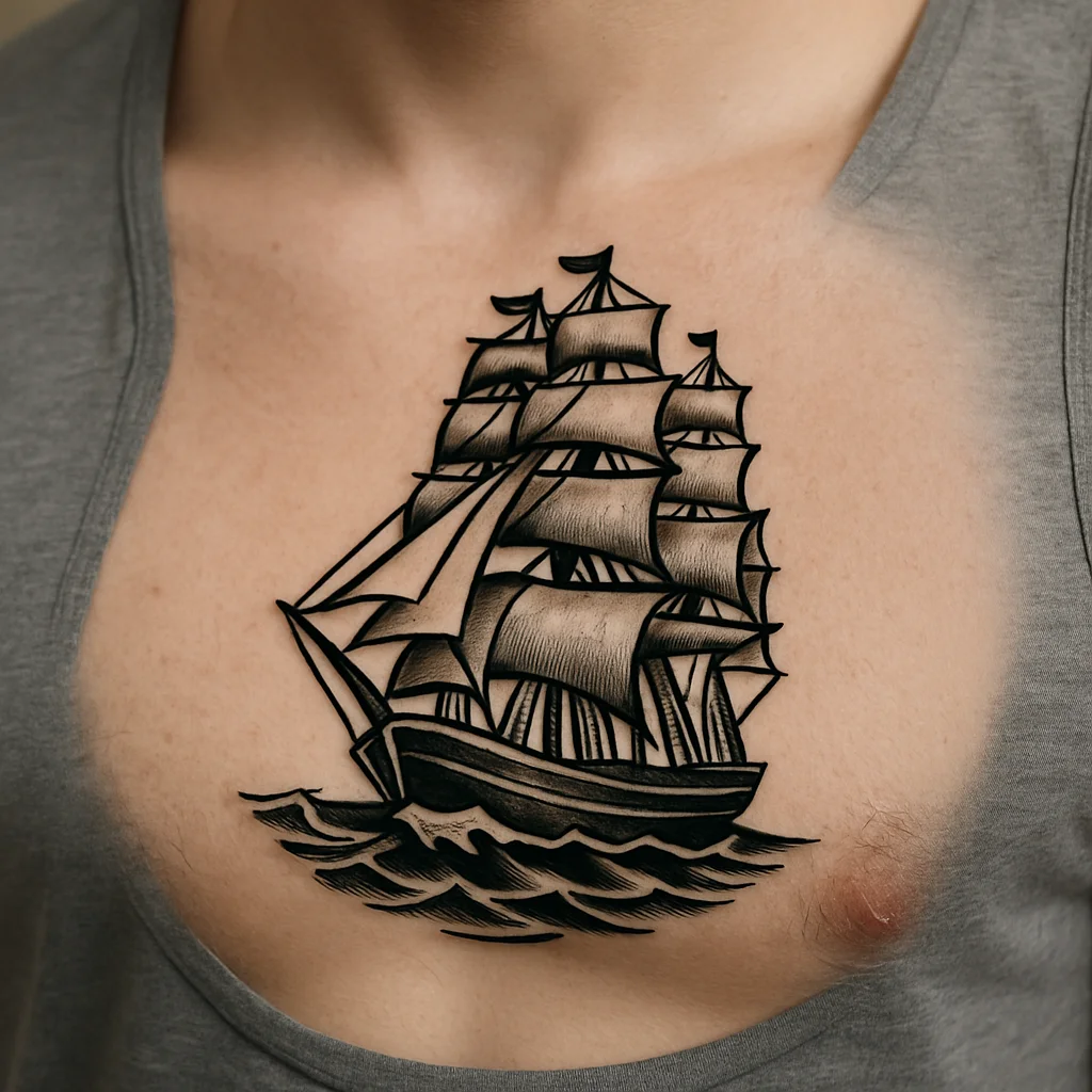 Traditional clipper ship tattoo with waves across the lower pec on a man's chest