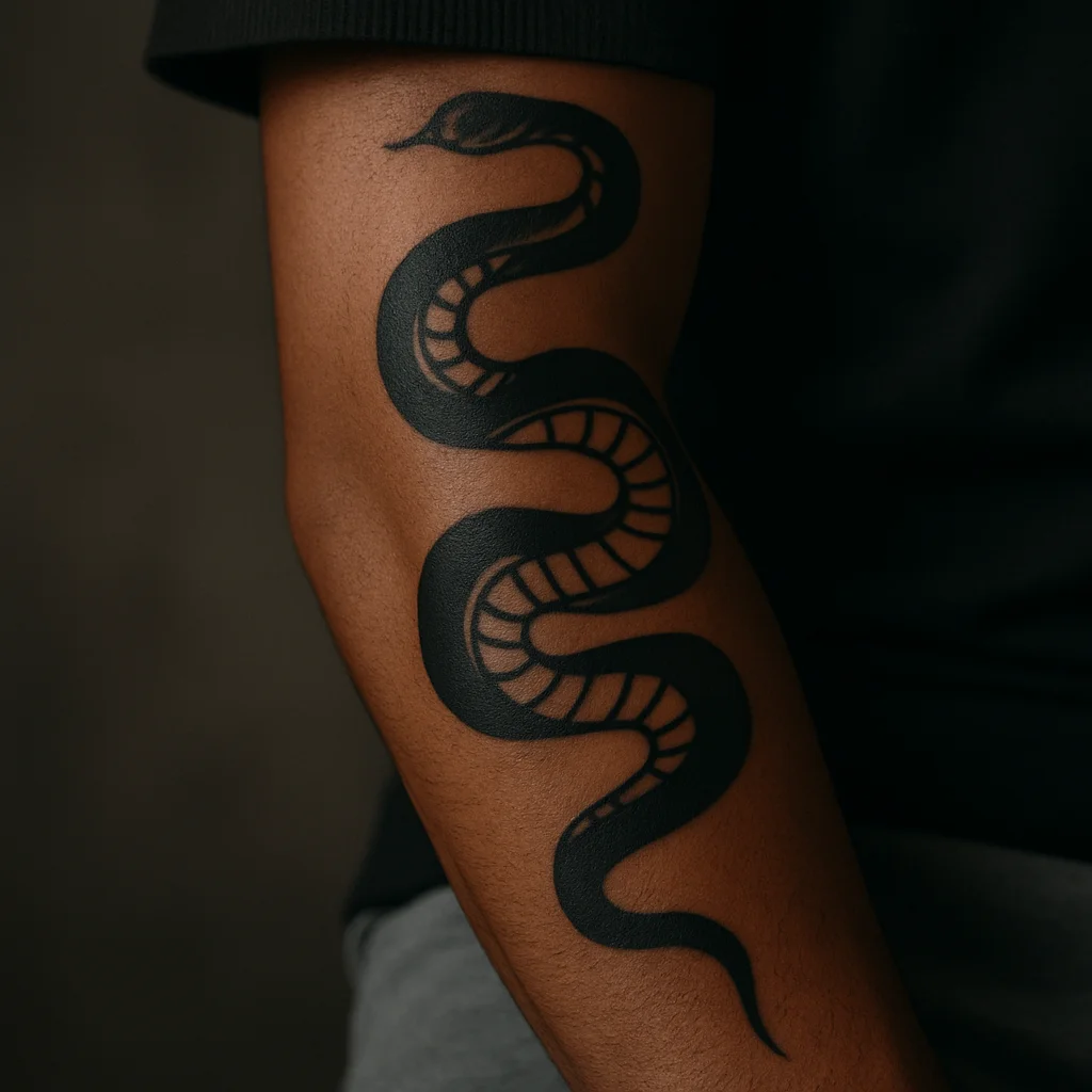 Traditional coiling snake with bold belly scales spiraling down the outer forearm