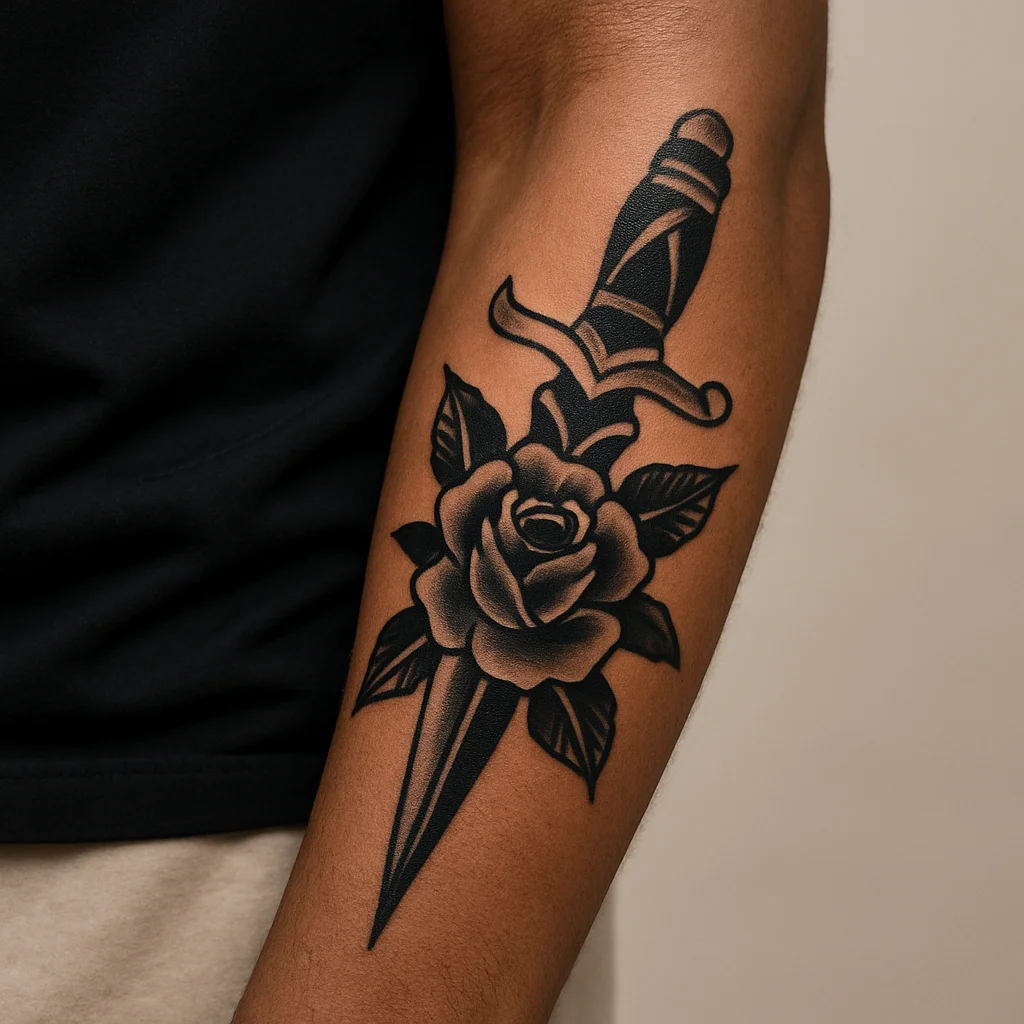 Traditional dagger and rose tattoo running down the inner forearm with the point toward the wrist