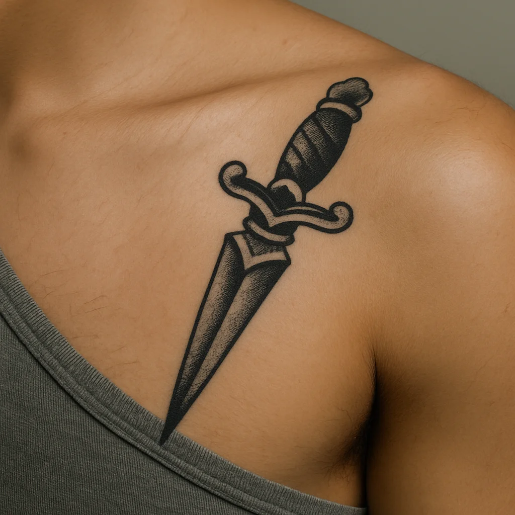 Traditional dagger tattoo following the chest and shoulder seam