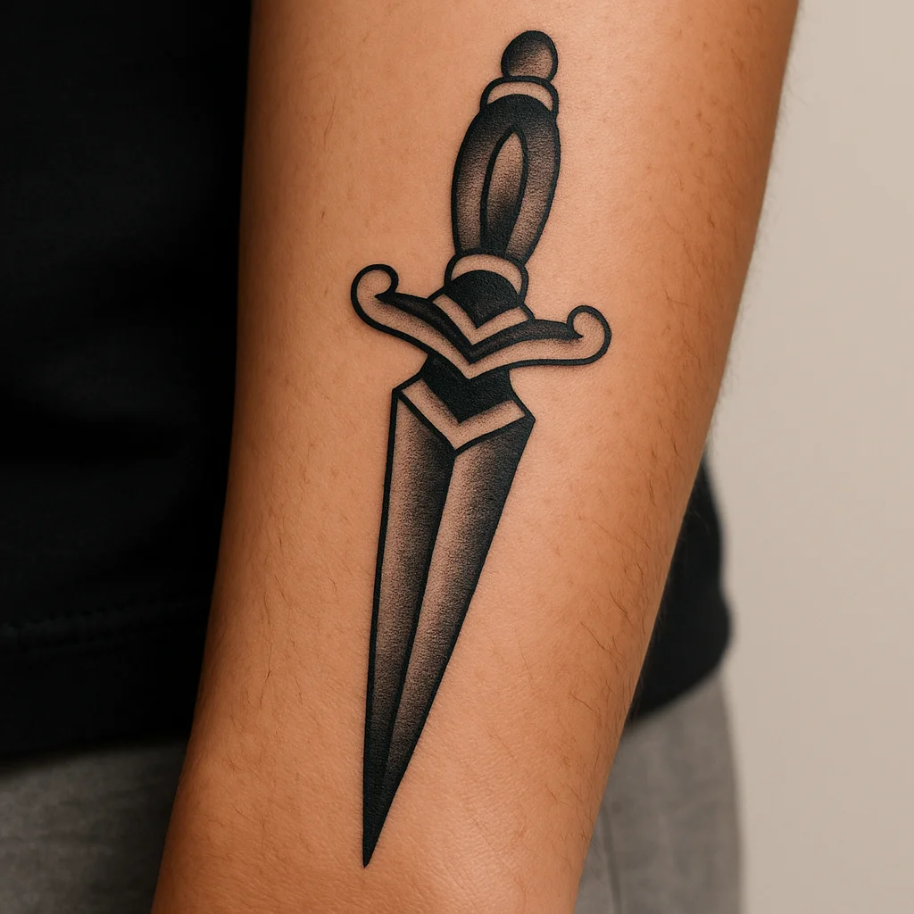 Traditional dagger tattoo pointing toward the wrist on the inner forearm