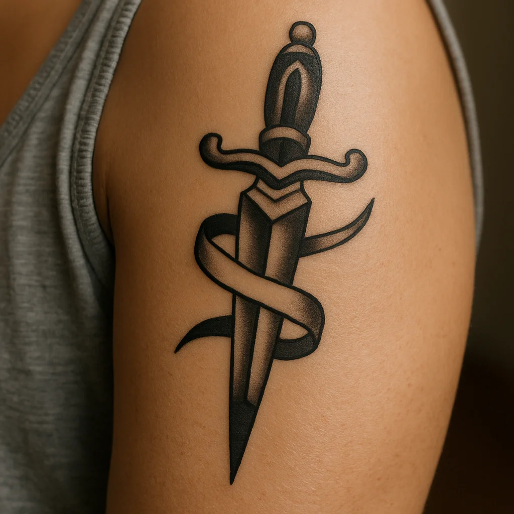 Traditional dagger tattoo running down the tricep of a woman's upper arm