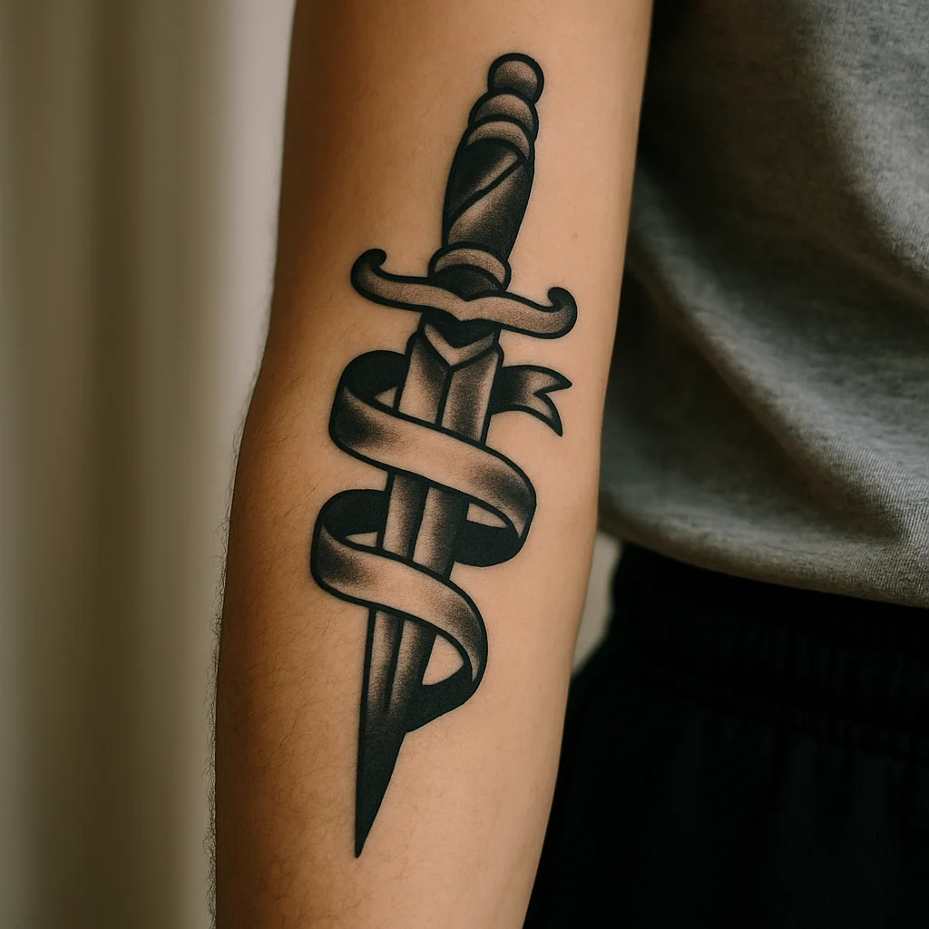 Traditional dagger tattoo with ribbon pointing toward the wrist on a man's inner forearm