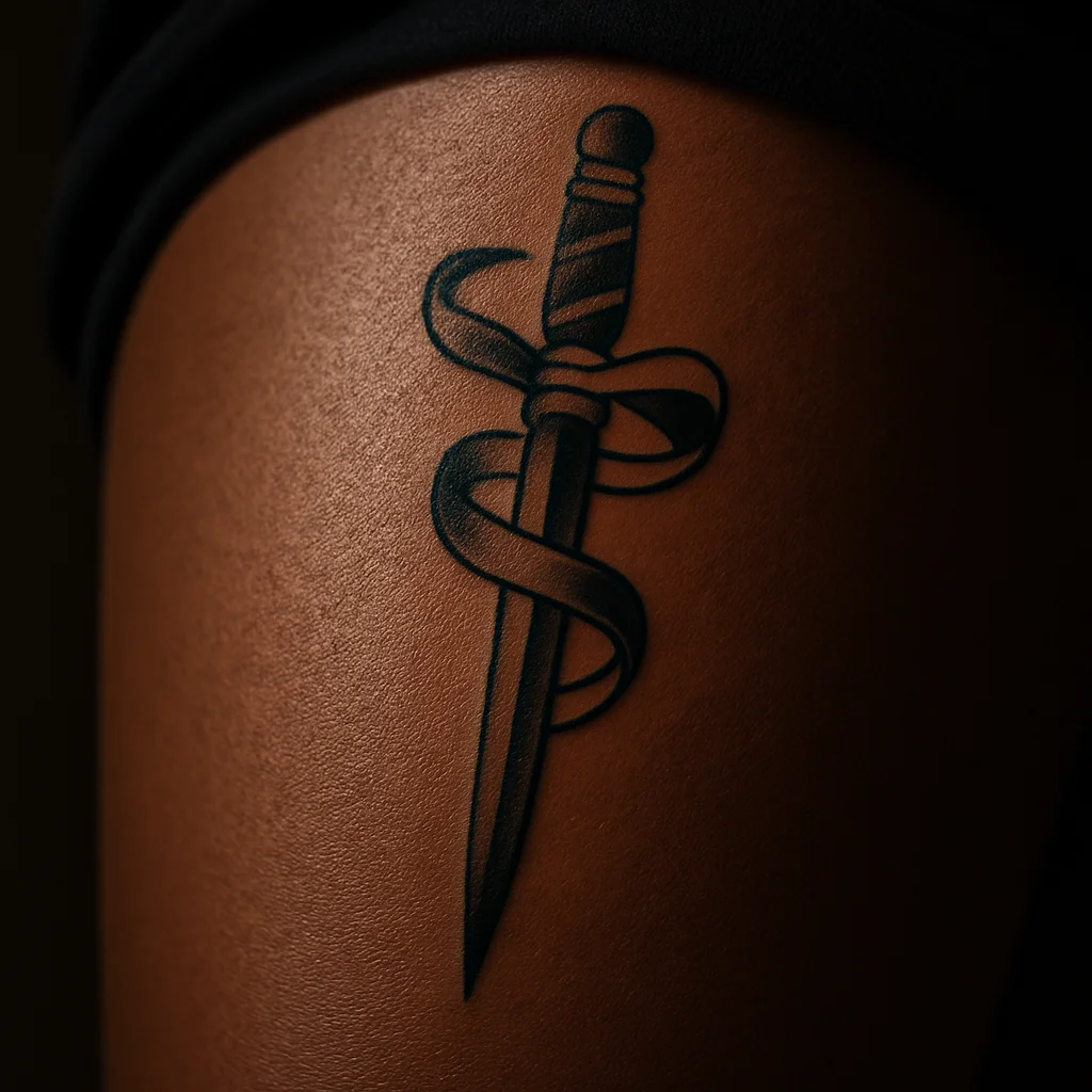 Traditional dagger tattoo with ribbon-wrapped handle pointing down the inner thigh