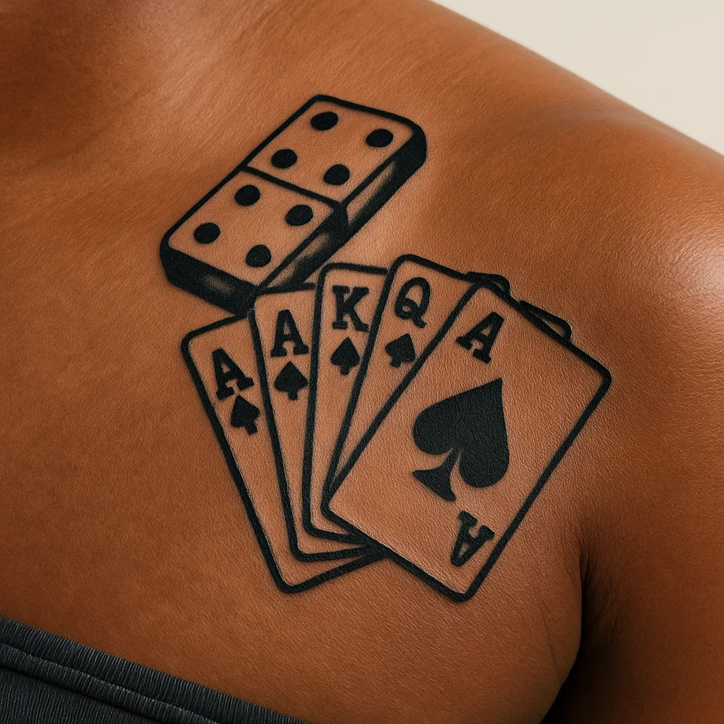 Traditional dominoes and playing card tattoo on the shoulder