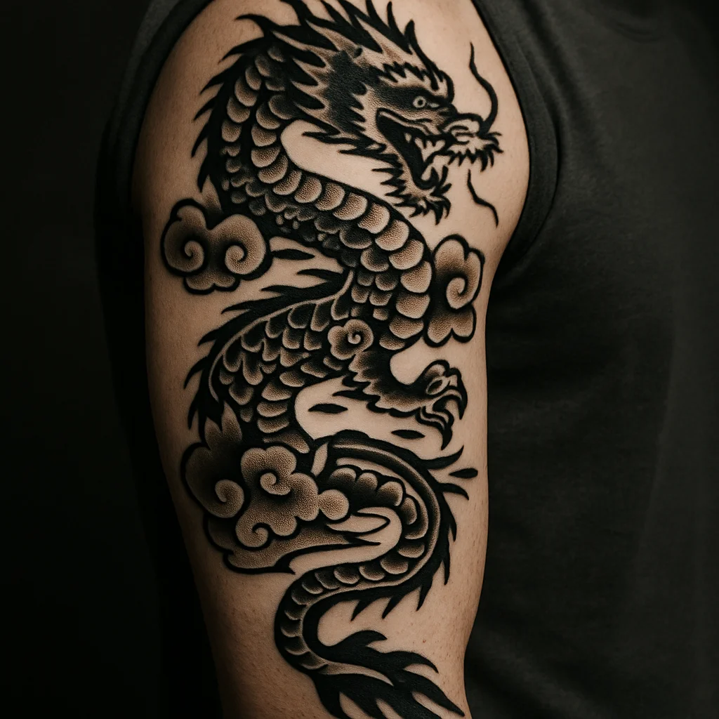 Traditional dragon full arm tattoo running shoulder to wrist with cloud filler